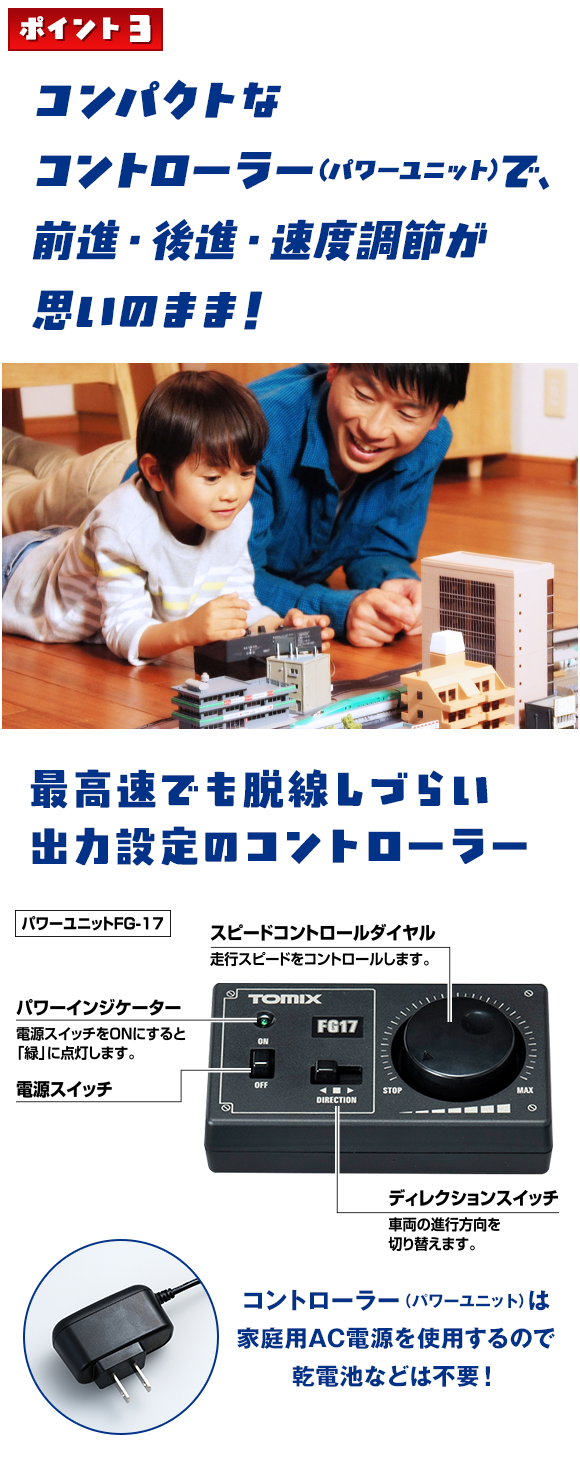 ポイント3 コンパクトなコントローラー（パワーユニット）で、前進・後進・速度調整が思いのまま！