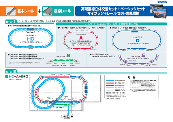 基本レール＋複線レール：高架複線立体交差セット＋ベーシックセット、マイプラン＋レールセットの発展例